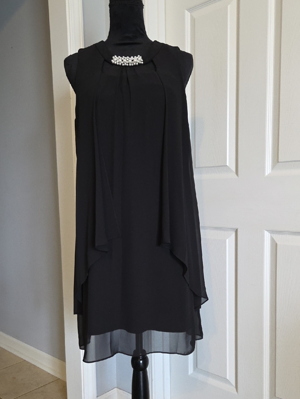SLNY Black Sleeveless Chiffon Shift Dress with Pearl Detail